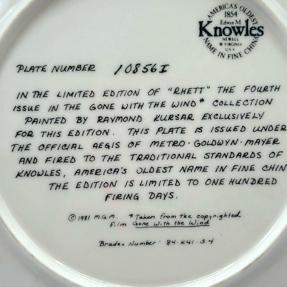 Knowles Gone With the Wind "Rhett" Butler Collectors Numbered Plate Kusar 8.5” - Picture 3 of 4